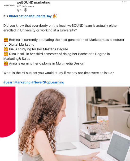 weBOUND marketing LinkedIn Beitrag über 'International Student Day', mit dem 'Storytelling' über eine der Angestellten